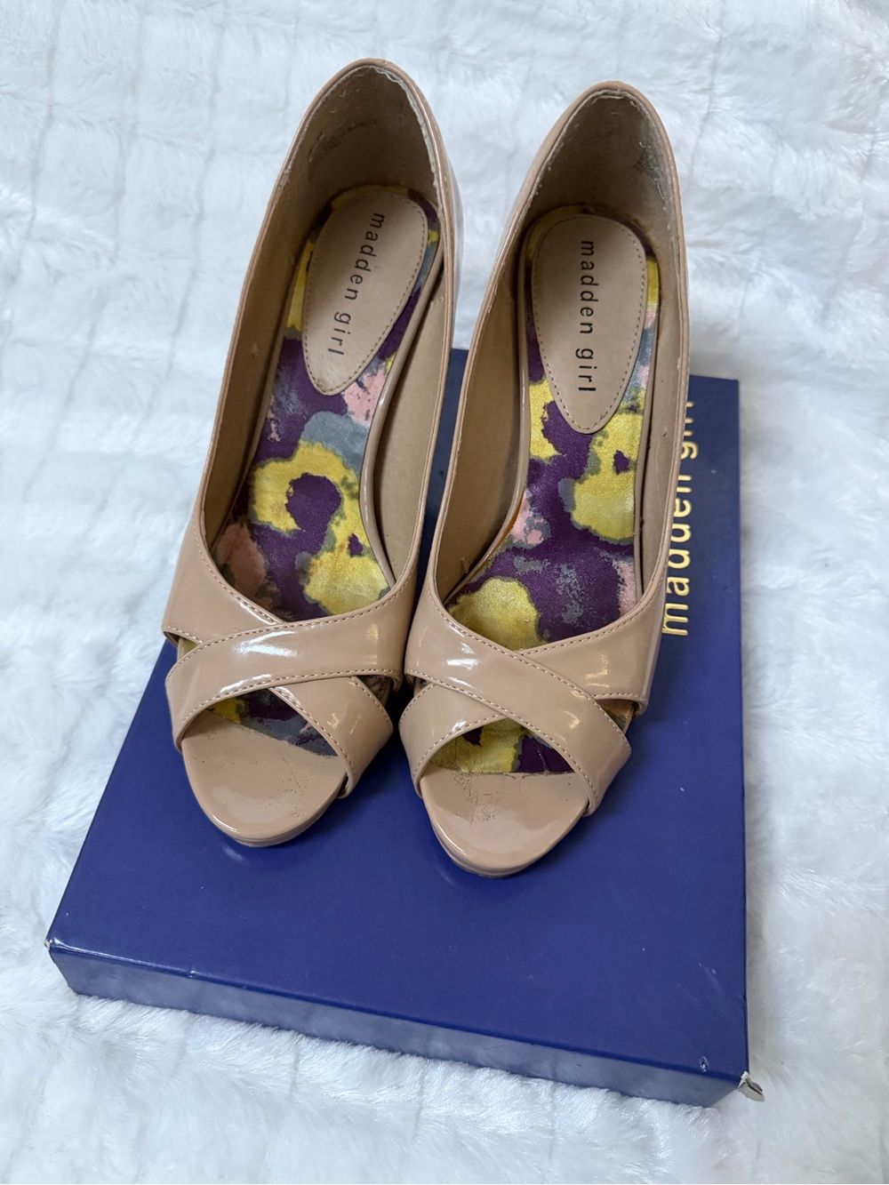 Madden Girl Nude Patent Crossover Peep-Toe Heels